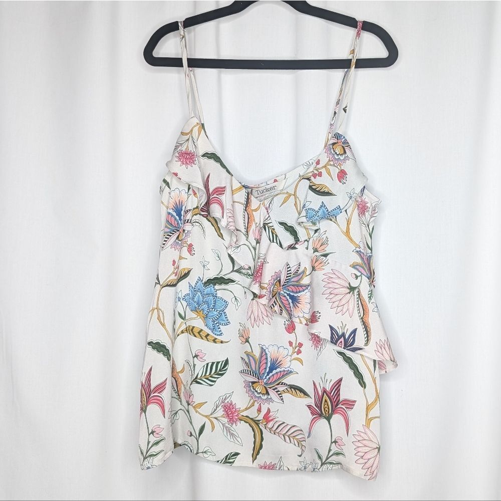 Tucker Asymmetrical Ruffle Tank Spring Botanical Stretch Georgette Camisole Top